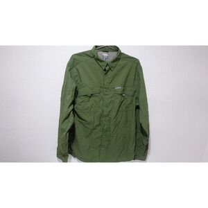 Columbia Button Up Shirt Men's L Dark Green Long Sleeve Hiking Vented Roll Tab